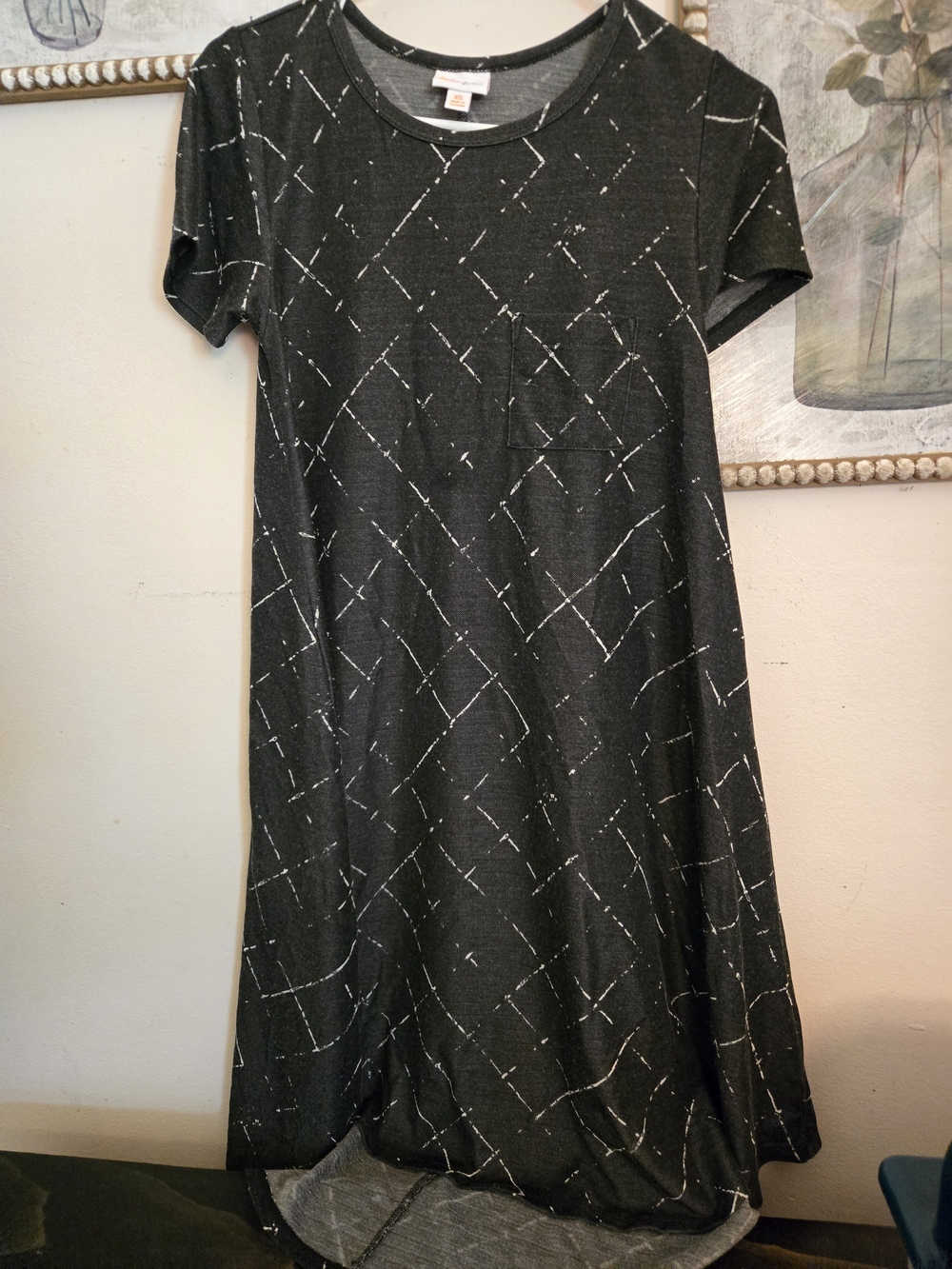 LuLaRoe Black Short Sleeve Swing Dress with White Geometric Print